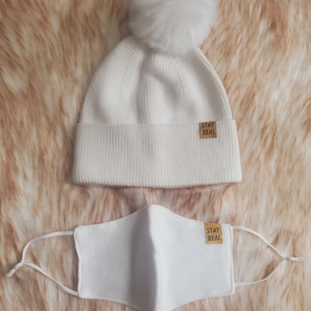White Hat with Pom & Matching Face Mask
